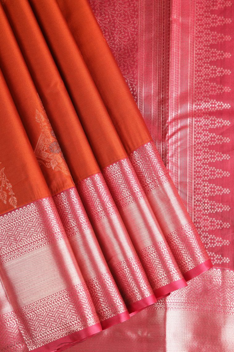 Cherry  Red Apoorva Silk Sarees with Copper Zari Floral Puttas view 1