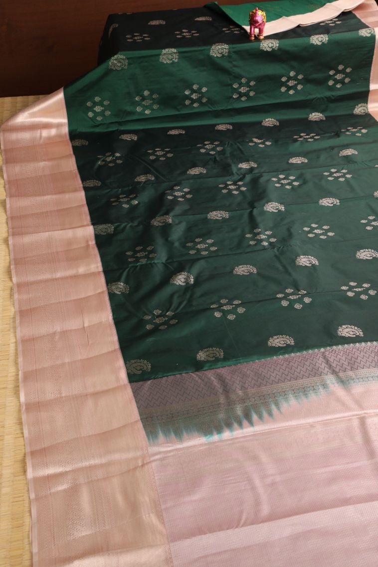 Basil Green Apoorva Silk Sarees with Gold Zari Floral Puttas view 2