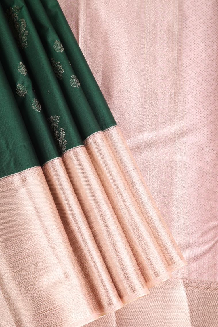 Basil Green Apoorva Silk Sarees with Gold Zari Floral Puttas view 1