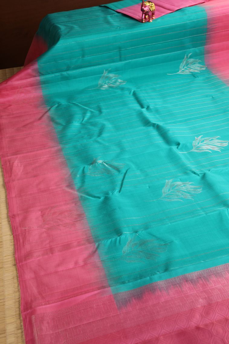 Sky Blue Soft Silk Saree with Silver Zari Floral Patterns view 2