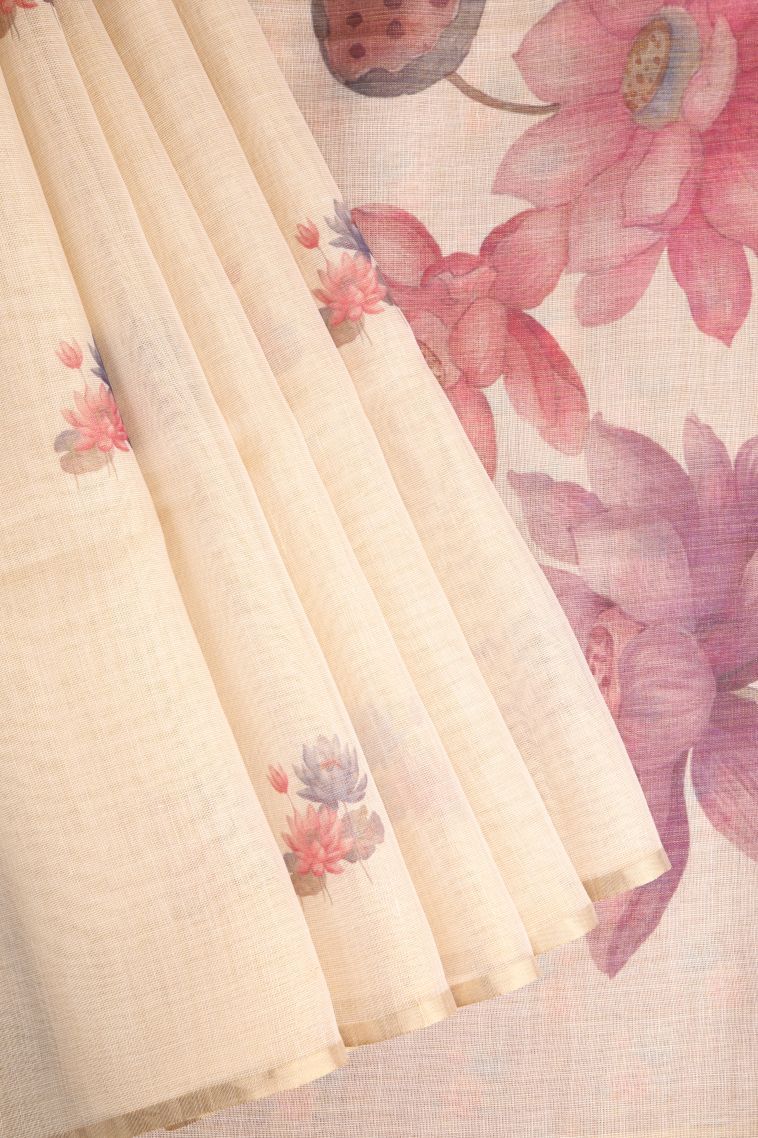 Cream White Linen Saree with Without Zari Zari Floral Patterns view 1
