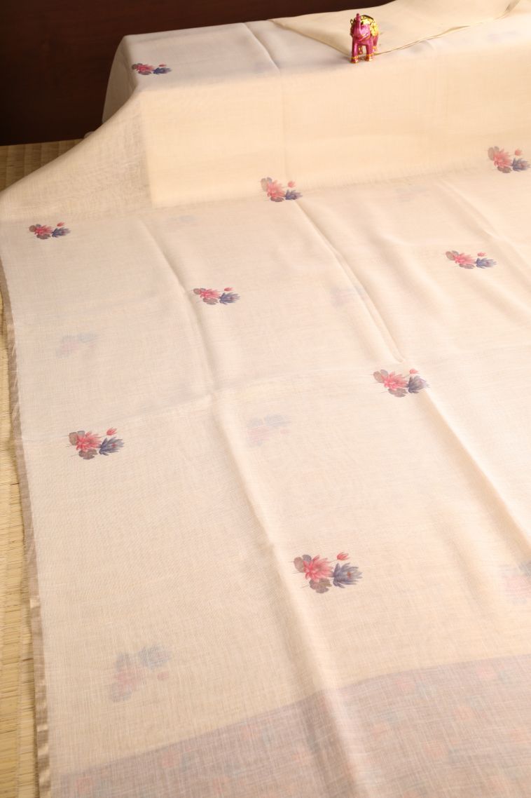 Cream White Linen Saree with Without Zari Zari Floral Patterns view 2