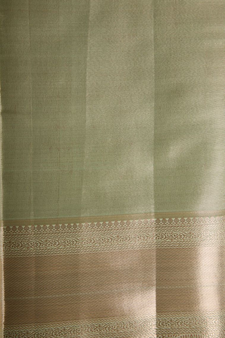 Olive Green Tissue Silk Sarees with Gold Zari Floral Patterns view 3