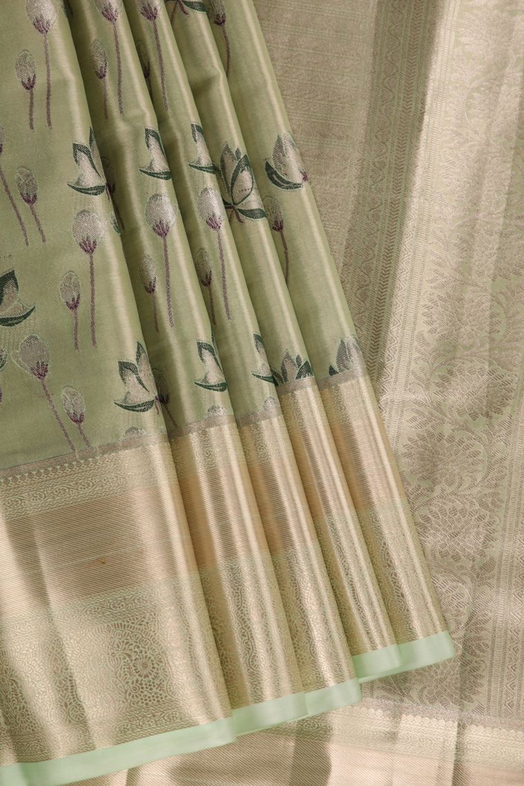 Olive Green Tissue Silk Sarees with Gold Zari Floral Patterns view 1