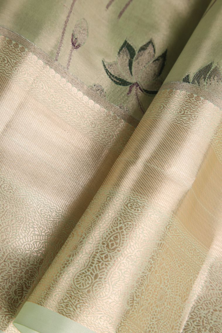 Olive Green Tissue Silk Sarees with Gold Zari Floral Patterns view 4