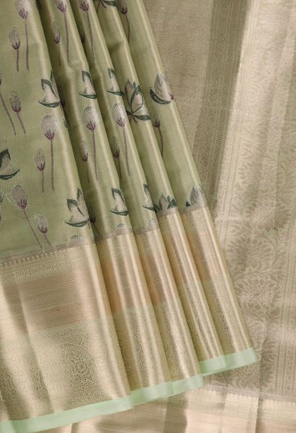 Olive Green Tissue Silk Sarees with Gold Zari Floral Patterns