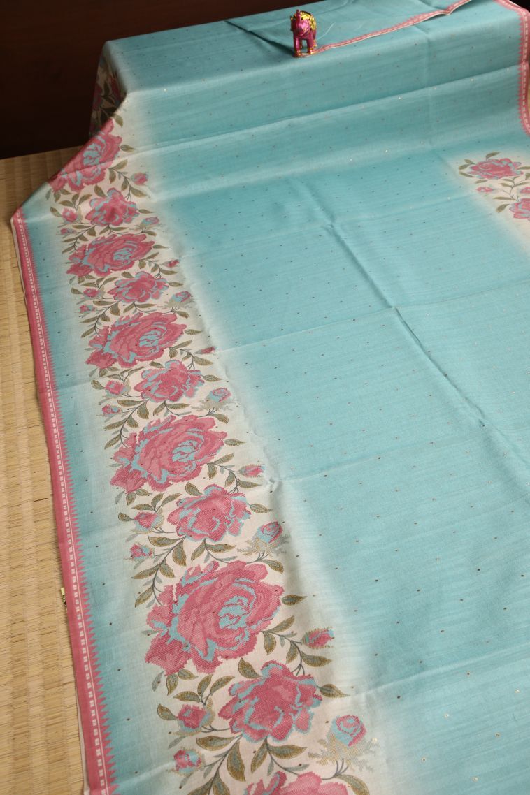Sky Blue Tussar Saree with Without Zari Zari Mirror Jamiki Puttas view 2
