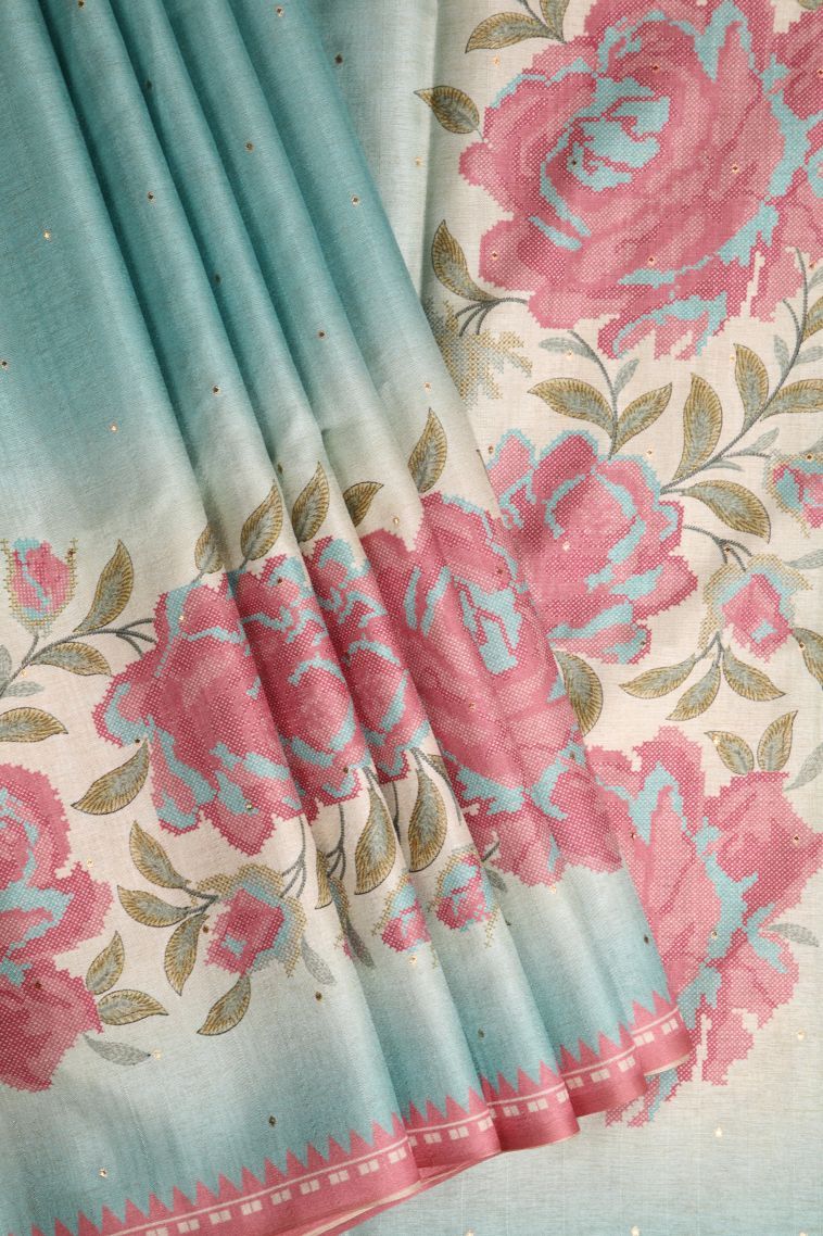 Sky Blue Tussar Saree with Without Zari Zari Mirror Jamiki Puttas view 1