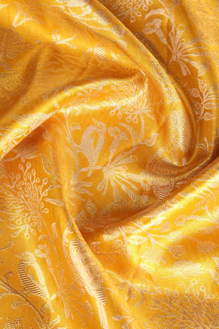 Gold Kanchipuram Silk Sarees with Gold Zari Birds And Floral Pattern view 4