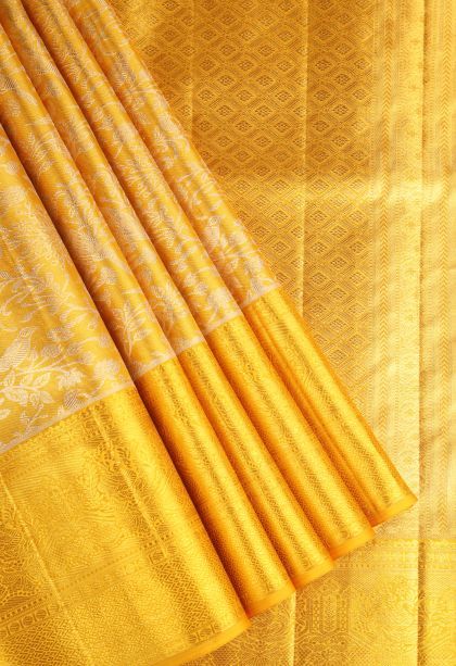 Gold Kanchipuram Silk Sarees with Gold Zari Birds And Floral Pattern