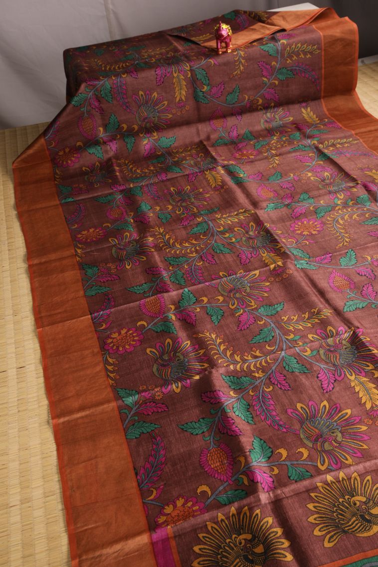 Cinnamon Brown Tussar Saree with Gold Zari Floral Patterns view 2