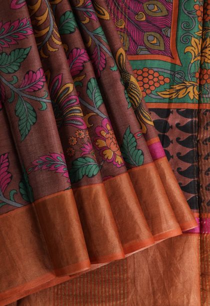 Cinnamon Brown Tussar Saree with Gold Zari Floral Patterns