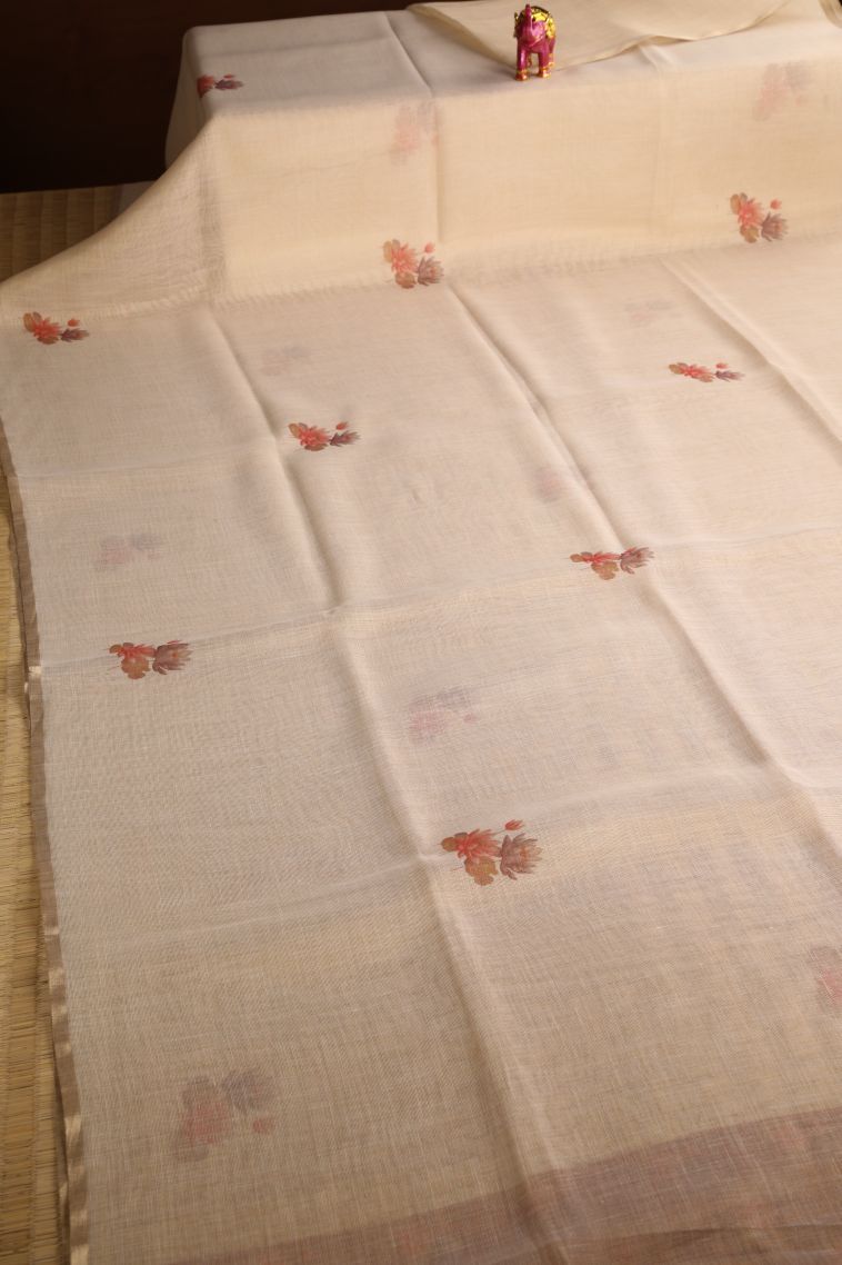 Coconut White Linen Saree with Without Zari Zari Floral Patterns view 2