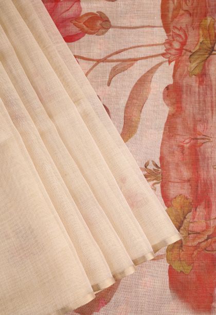 Coconut White Linen Saree with Without Zari Zari Floral Patterns