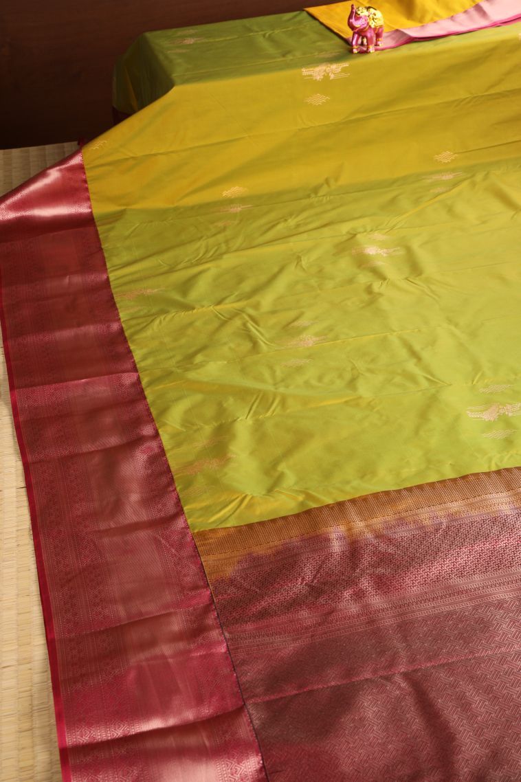 Lime Green Apoorva Silk Sarees with Copper Zari Floral Puttas view 2