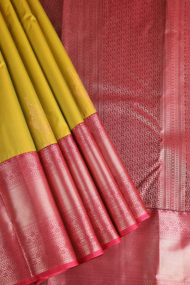 Lime Green Apoorva Silk Sarees with Copper Zari Floral Puttas view 1