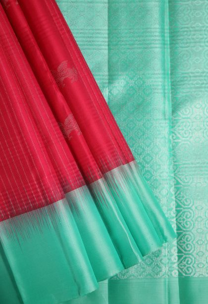 Rose  Red Soft Silk Saree with Gold And Silver Zari Stripes