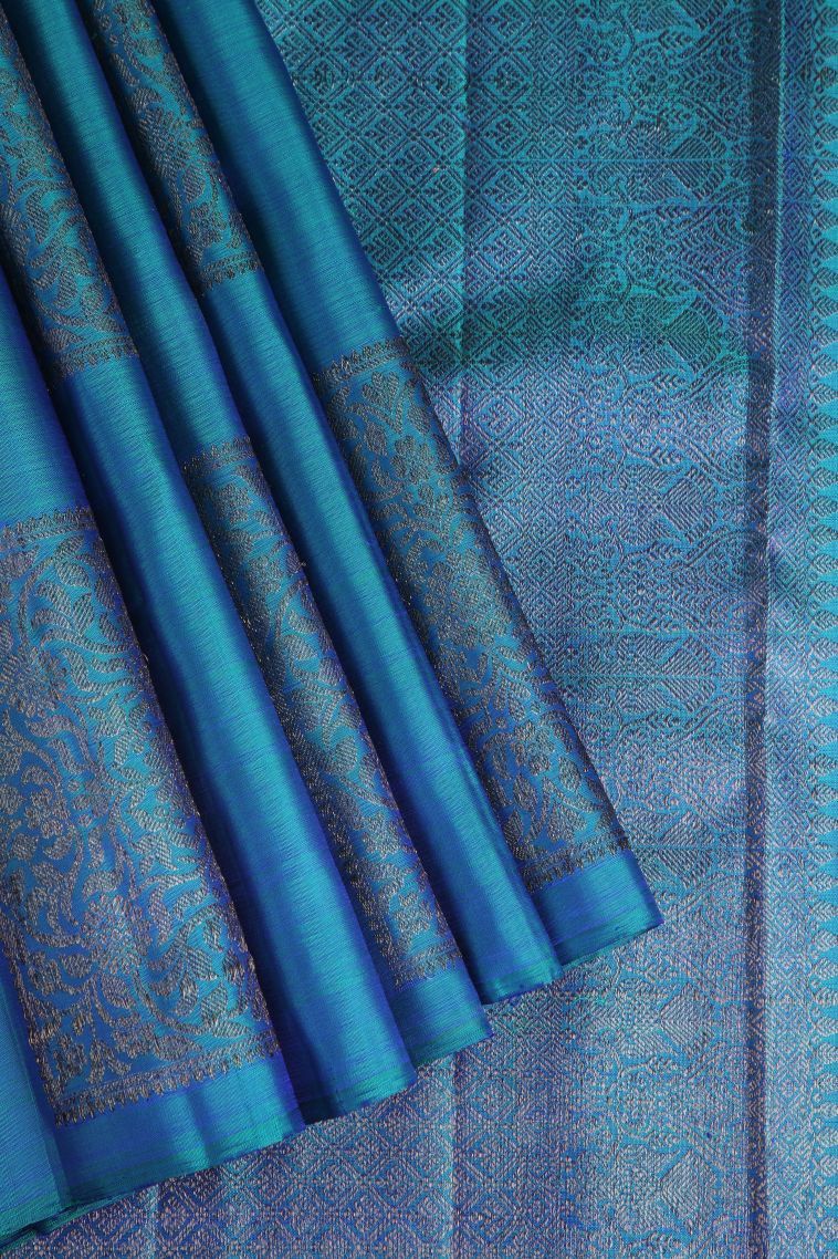 Aegean Blue Kanchipuram Silk Sarees with Antic Zari Geometric Shapes view 1