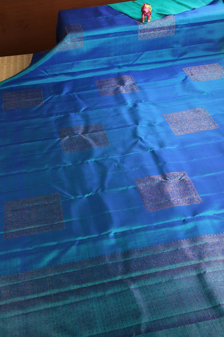 Aegean Blue Kanchipuram Silk Sarees with Antic Zari Geometric Shapes view 2