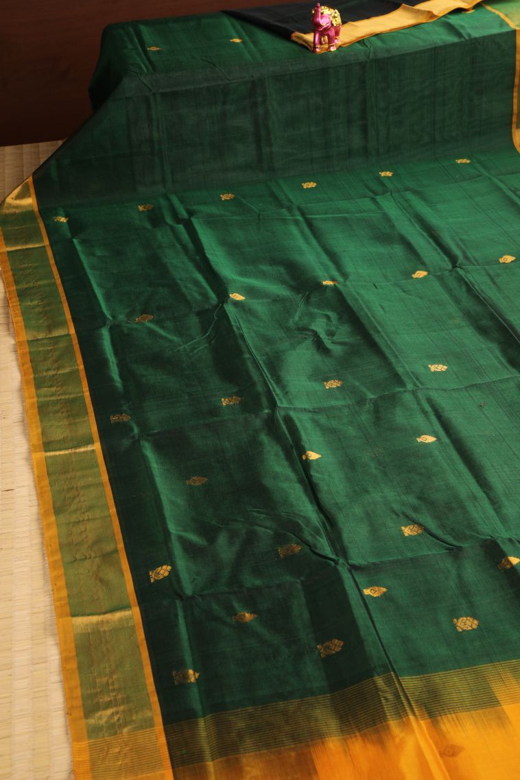 Basil Green Silk Cotton with Gold Zari Buttis (small Dots Or Motifs) view 2