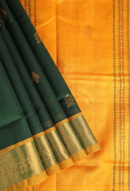 Basil Green Silk Cotton with Gold Zari Buttis (small Dots Or Motifs)
