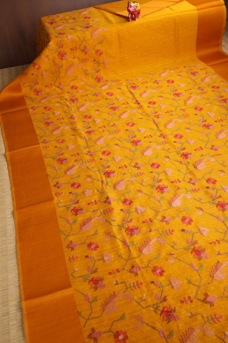 Honey Orange Jute Sarees with Without Zari Zari Floral Puttas view 2