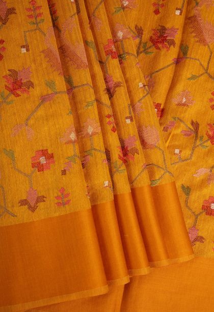 Honey Orange Jute Sarees with Without Zari Zari Floral Puttas