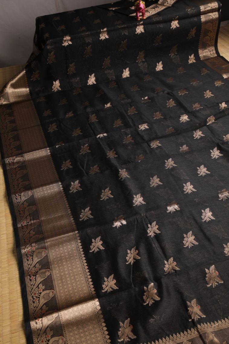 Abbey Black Banaras Sarees with Gold Zari Birds Mottif view 2