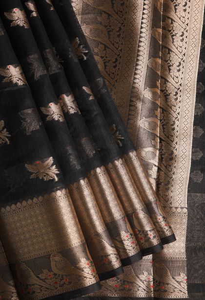 Abbey Black Banaras Sarees with Gold Zari Birds Mottif