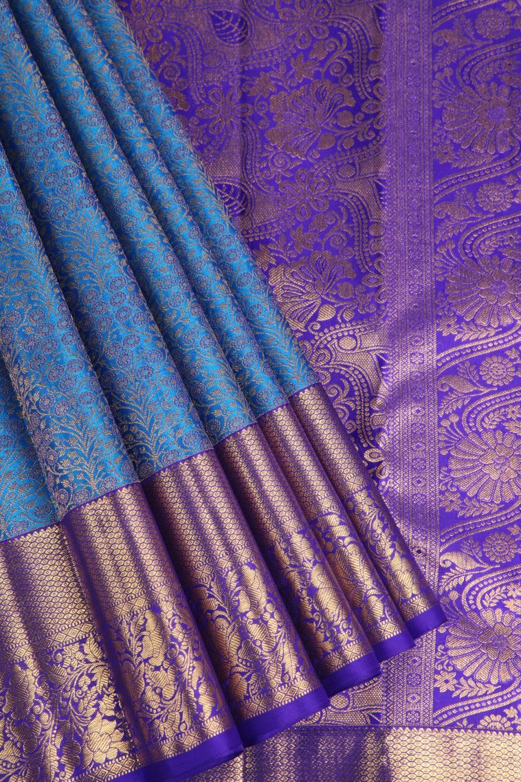 Cobalt Blue Kanchipuram Silk Sarees with Gold Zari Floral Patterns view 1