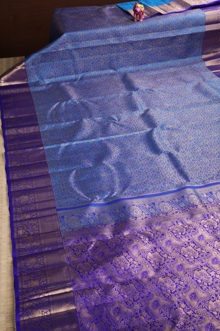 Cobalt Blue Kanchipuram Silk Sarees with Gold Zari Floral Patterns view 2