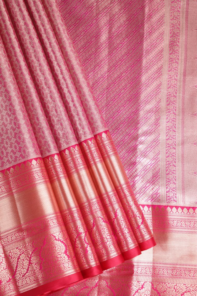 Bubblegum Pink Tissue Silk Sarees with Gold Zari Floral Patterns view 1