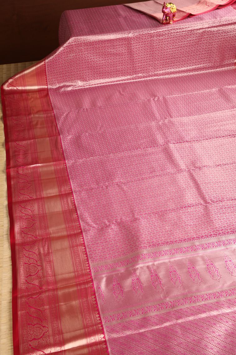 Bubblegum Pink Tissue Silk Sarees with Gold Zari Floral Patterns view 2