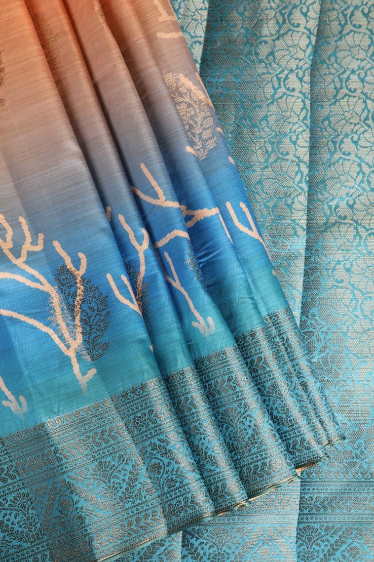 Flamingo Pink Semi Raw Silk Printed with Antic Zari Thilagam Puttas view 1