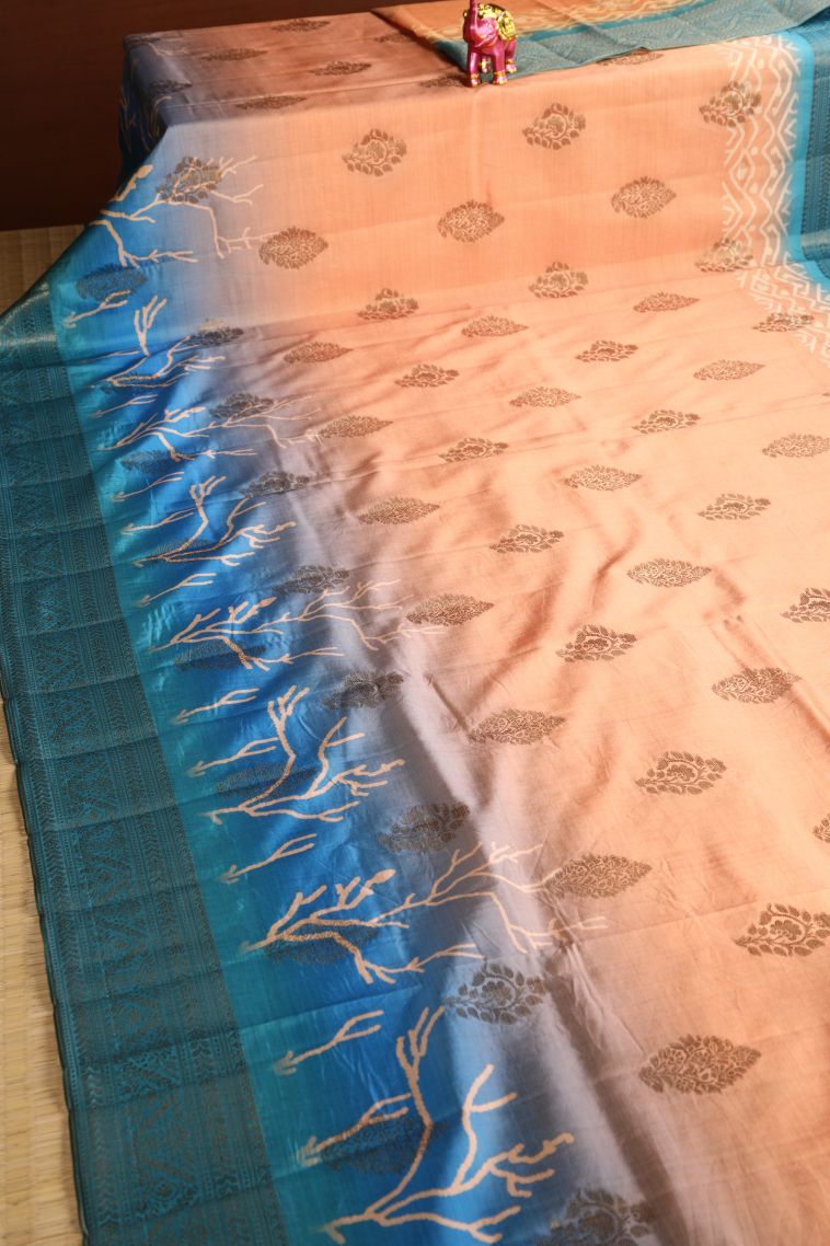 Flamingo Pink Semi Raw Silk Printed with Antic Zari Thilagam Puttas view 2