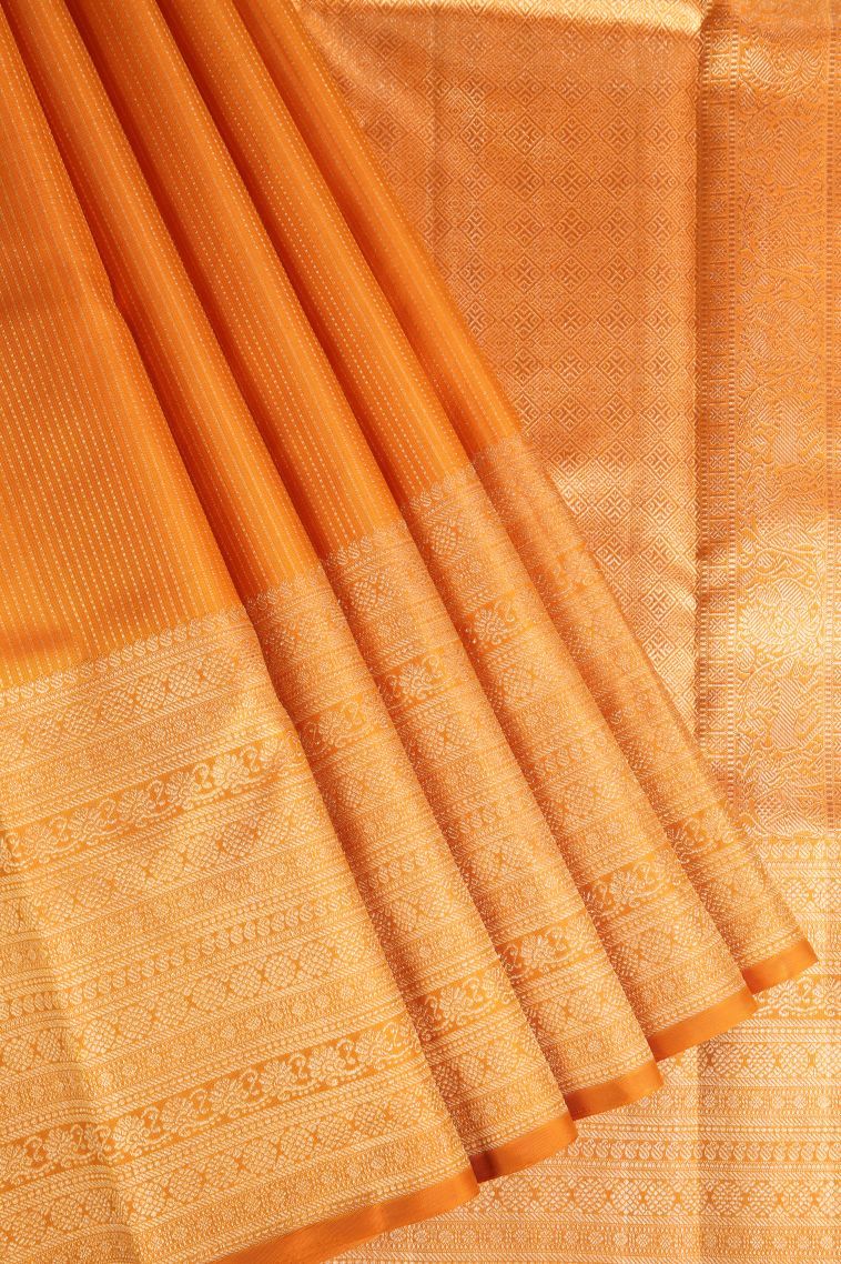 Candy Orange Kanchipuram Silk Sarees with Gold Zari Vaira Oosi view 1