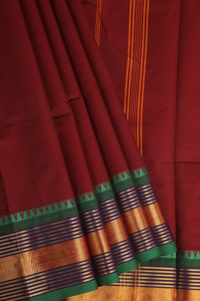 Cherry  Red Chettinad Cotton Sarees with Gold Zari Plain view 1