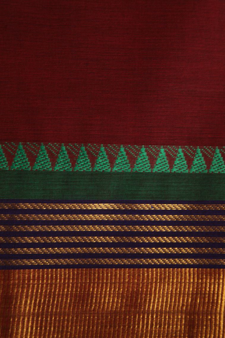 Cherry  Red Chettinad Cotton Sarees with Gold Zari Plain view 3