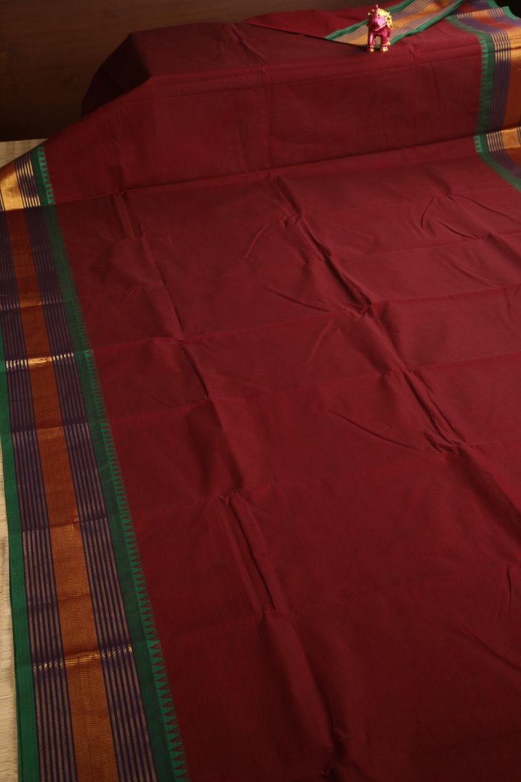 Cherry  Red Chettinad Cotton Sarees with Gold Zari Plain view 2