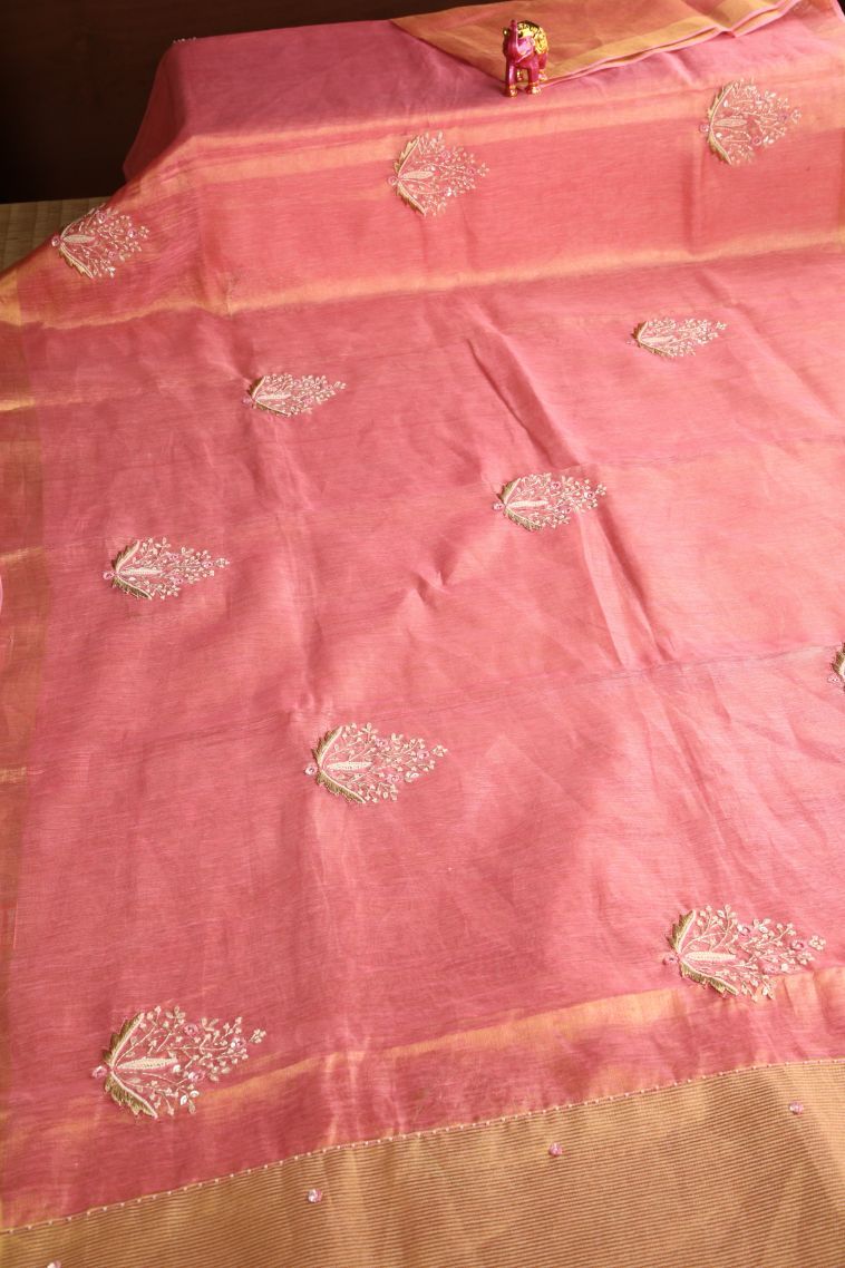 Coral Pink Tissue Silk Sarees with Gold Zari Beeds Work view 2
