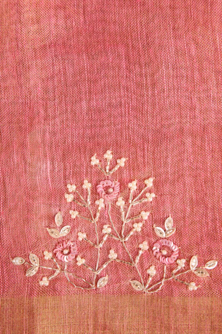 Coral Pink Tissue Silk Sarees with Gold Zari Beeds Work view 3