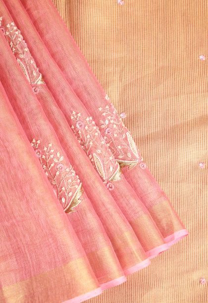 Coral Pink Tissue Silk Sarees with Gold Zari Beeds Work