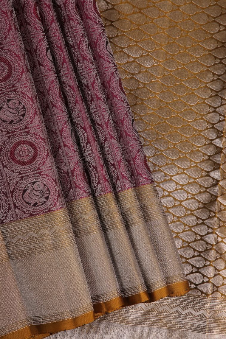 Magenta Purple Soft Silk Saree with Silver Zari Annam Rudhratcham view 1