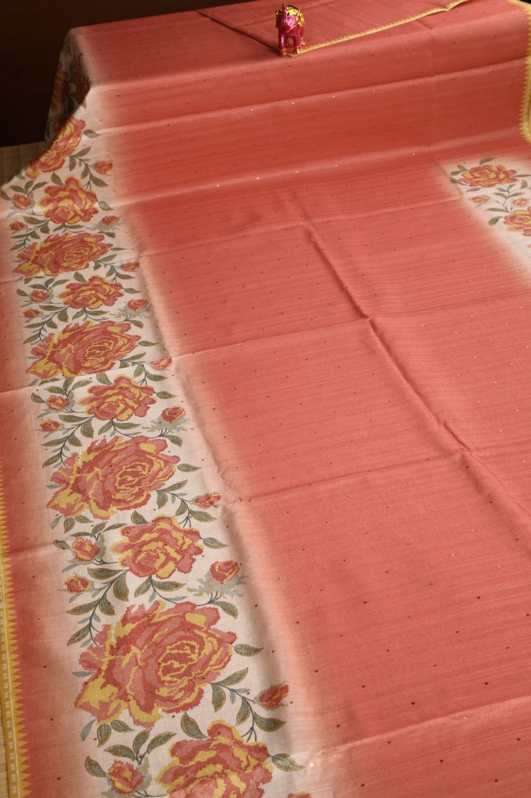 Coral Pink Tussar Saree with Without Zari Zari Mirror Jamiki Puttas view 2