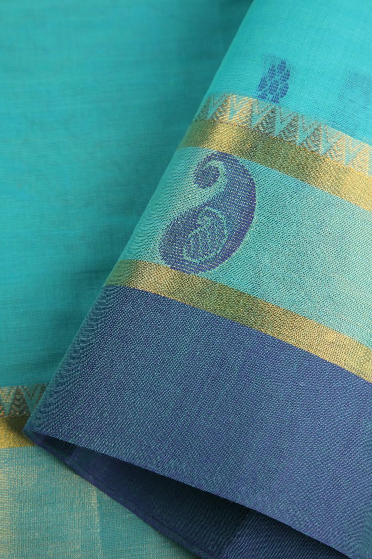 Arctic Blue Chettinad Cotton Sarees with Gold Zari Buttis (small Dots Or Motifs) view 4