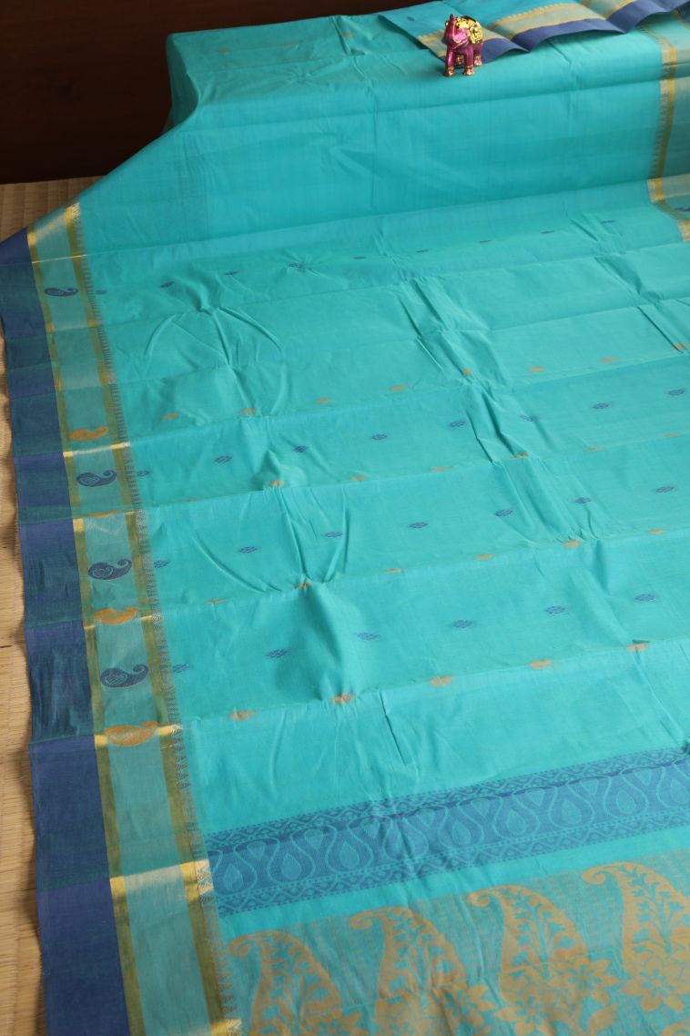Arctic Blue Chettinad Cotton Sarees with Gold Zari Buttis (small Dots Or Motifs) view 2