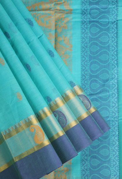 Arctic Blue Chettinad Cotton Sarees with Gold Zari Buttis (small Dots Or Motifs)