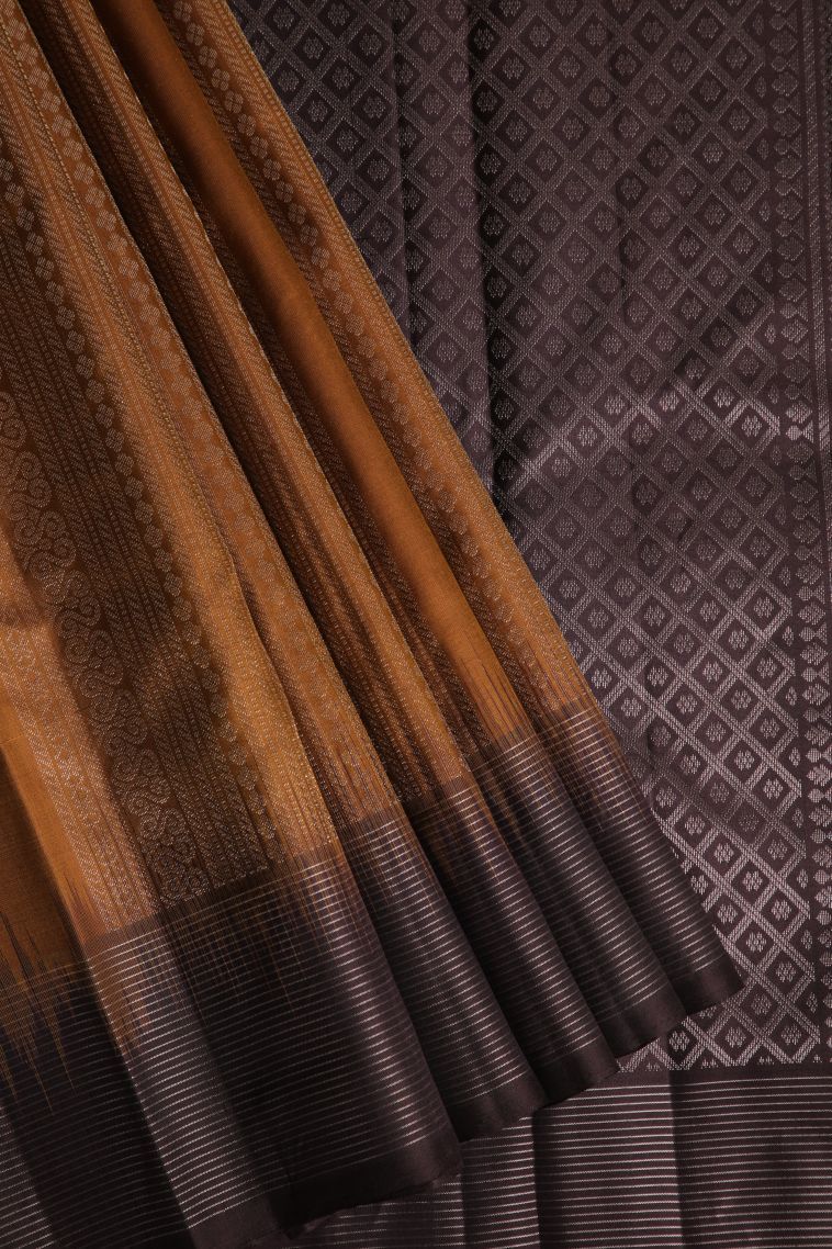 Tawny Brown Soft Silk Saree with Silver Zari Pannel Pattern view 1