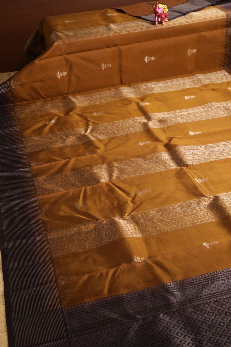 Tawny Brown Soft Silk Saree with Silver Zari Pannel Pattern view 2