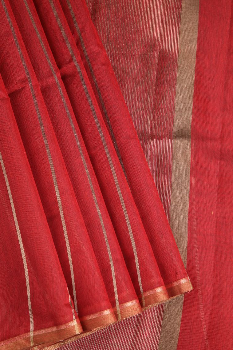 Candy Red Semi Tussar Silk with Gold Zari Stripes view 1